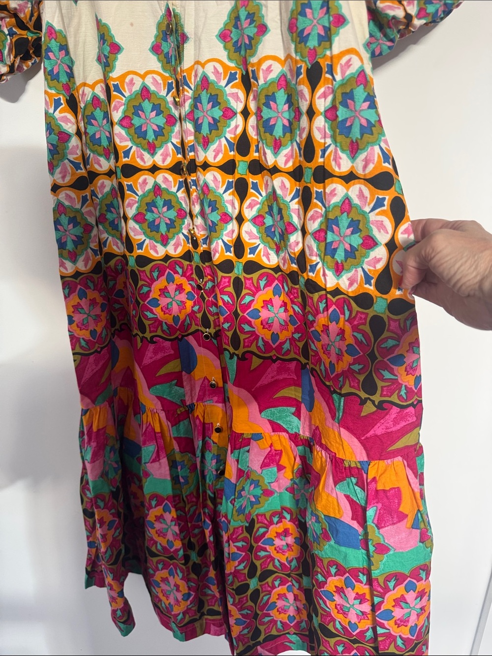 Anthropologie Cream Maxi Dress with Pink, Teal, Orange & Yellow Pattern - Picture 4 of 9